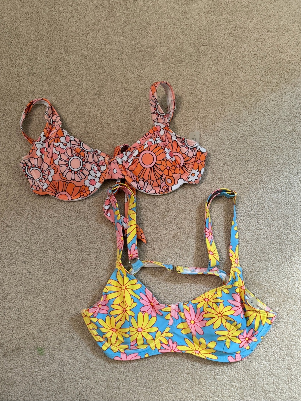 Floral Print Bikini Tops - Bright Orange & Blue